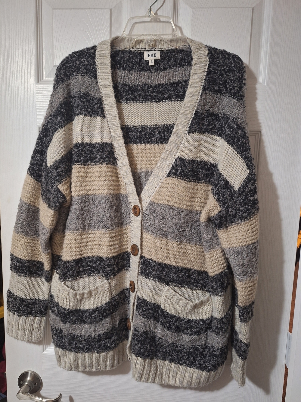 BKE Chunky Striped Button-Front Cardigan - Cream, Gray, Black Size Large